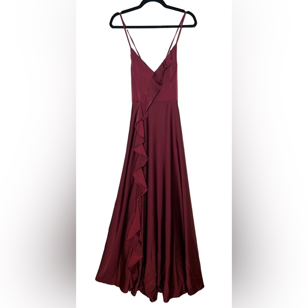 NWT Lulus Stylish Grace Dark Plum Backless Lace-Up Ruffled Maxi Dress, Small - Picture 4 of 15